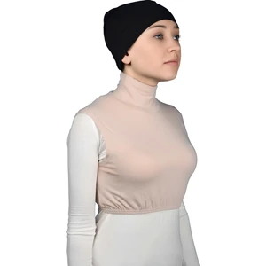 Sıfır Kol Balıkçı Yaka Tam Boğazlı Likralı Penye Kadın Yarım Body - Bej