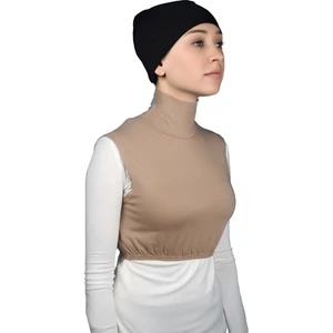 Sıfır Kol Balıkçı Yaka Tam Boğazlı Likralı Penye Kadın Yarım Body - Koyu Bej