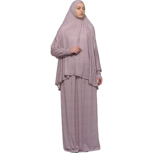 Pratik Iki Parça Çiçek Desenli Yarasa Kollu Başörtülü Likralı Tesettür Namaz Elbisesi 992-0211