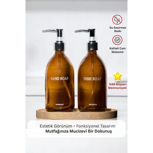 Ahşap Stantlı 2’li Amber Cam Sıvı Sabun Bulaşık Deterjanı Şişesi Silver Kapaklı Sabunluk 500 ml