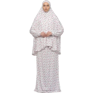 Pratik Iki Parça Çiçek Desenli Yarasa Kollu Başörtülü Likralı Tesettür Namaz Elbisesi 992-0201