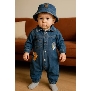 Unisex Çocuk Bebek Kot (Jeans) Baskılı Şapkalı Tulum (3/6/9/12) Ay