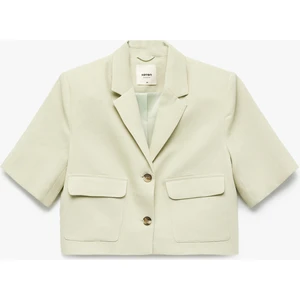Cepli Düğmeli Kısa Kollu Astarlı Keten Crop Blazer Ceket
