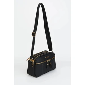 Kadın Siyah 4 Bölmeli Suni Deri Orta Boy Fermuar Kapama El Kol ve Omuz Çantası