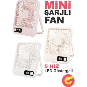 Güncel Çarşı Şarjlı Sessiz Mini Fan Vantilatör, 1 Adet, 180° Ayarlanabilir, 5 Hız, Led Göstergeli, Type-C Şarj