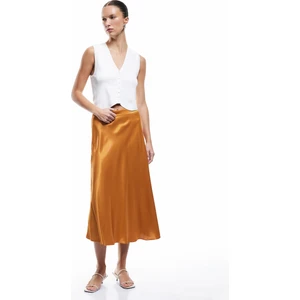 Viskon Kumaş Yüksek Bel Midi A Kesim Saten Etek