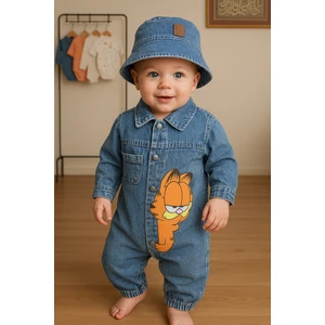 Unisex Çocuk Bebek Kot (Jeans) Baskılı Şapkalı Tulum (3/6/9/12) Ay