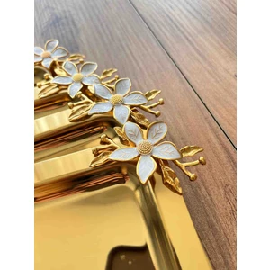 Lüx 6 adet Mineli Papatyalı Gold Kare Sunum Tepsisi Kahve ve Sunum Tepsisi