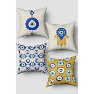 Mavi Hardal Sarısı Nazar Boncuğu Desenli 4'lü Kırlent Kılıfı Seti