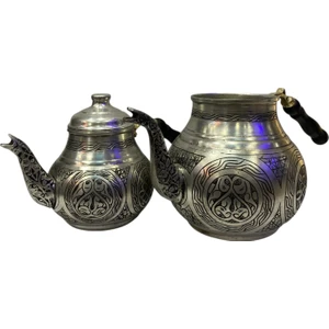 Gümüş Renkli Bakır Işlemeli Çaydanlık
