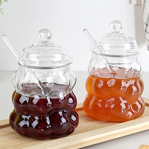 2'li Kaşıklı Borosilikat Cam Bal Kavanozu - Kapaklı Boncuk Şekilli Reçellik Bal Reçel Kavanozu 400ML