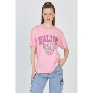 Pembe Yazı Baskılı %100 Pamuk Oversize Tişört 2150-17M