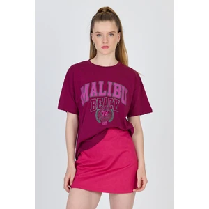 Bordo Yazı Baskılı %100 Pamuk Oversize Tişört 2150-17M