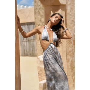 Gralorid Boyundan Bağcık Detaylı Gri Uzun Elbise