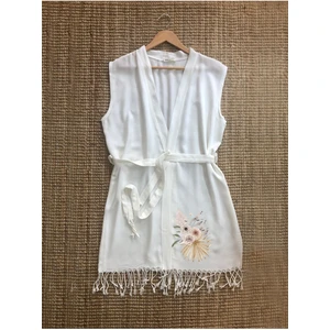 Tropikal Çiçek Desenli Buldan Bambu Kolsuz Peştemal Kimono Plaj Elbisesi
