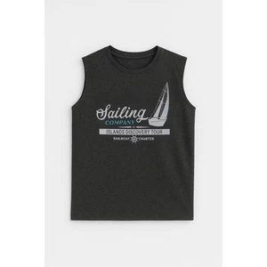 Erkek Bisiklet Yaka Baskılı Antrasit Kolsuz T-Shirt