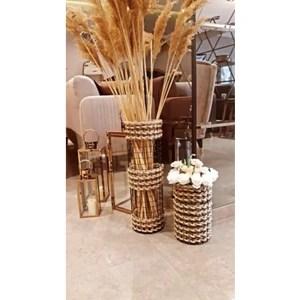 Metal Tel Hasır Örgülü Özel Tasarım Pampas Vazosu 25 ve 50 cm 2li Set