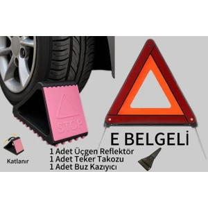 Tg Steel Desing Tüvtürk Zorunlu 3’lü Acil Durum Seti – Üçgen Reflektör + Teker Takozu + Buz Kazıyıcı – E Belge