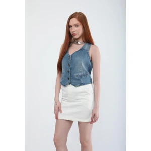 Kadın V Yaka Düğmeli %100 Pamuk Jean Yelek