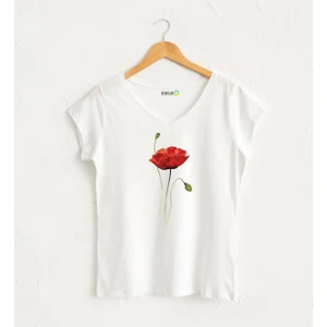Gelincik Çiçekli V Yaka Kadın Tasarım T-Shirt