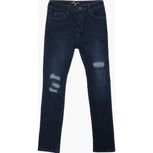 Blue White Erkek Yırtık Detay Likralı Skinny Fit Koyu  Jean Pantolon