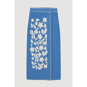 Çiçek Nakışlı Midi Boy Etek Mavi