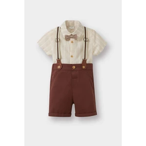 Erkek Bebek 4'lü Takım Çizgili Poplin Gömlek Şort Papyon Pantolon Askısı B8082A525SM
