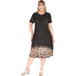 Butik Siyah Puanlı Leopar Desen A Kesim Midi Elbise