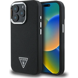 Apple iPhone 14 Pro Max Kılıf Guess Lisanslı M-Safe Şarj Özellikli Grained Triangle Kapak Siyah