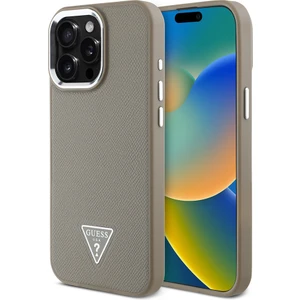 Apple iPhone 14 Pro Max Kılıf Guess Lisanslı M-Safe Şarj Özellikli Grained Triangle Kapak Kahverengi