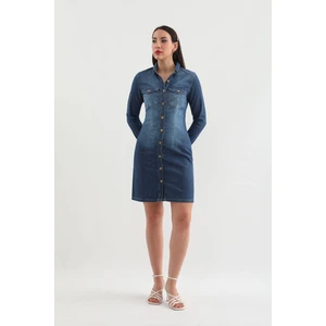 Blue White Kadın Uzun Kollu Düğmeli Jean Elbise Koyu Mavi