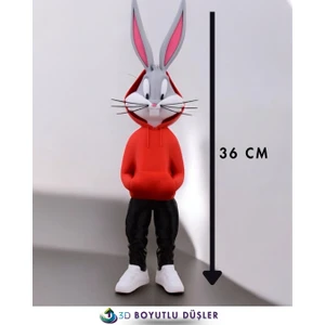 3D Boyutlu Düşler 👉 3D Baskı Bugs Bunny Figürü 36 cm | El Yapımı KIRMIZI Kapşonlu Dekoratif Figür