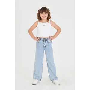 Kız Çocuk Palazzo Jean Rahat Kesim Pantolon Beli Ayarlanabilir Lastikli Düğmeli LX300