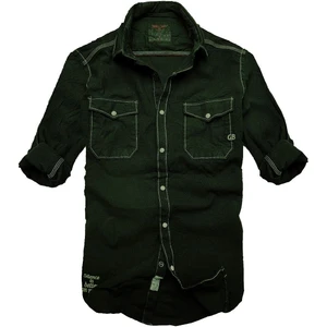 Gulf Bird Slim Fit Likralı  Esnek Kumaş Çift Cep Kot Gömlek--Haki Siyah--
