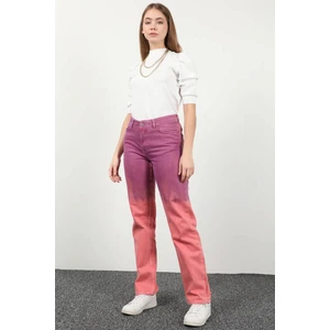 Blue White Kadın Düğmeli Boyalı Straight Fit Jean Pantolon Pembe