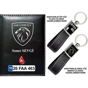 Plakanıza Özel Yeni Peugeot Logolu Siyah Ruhsat Kabı ve Anahtarlık