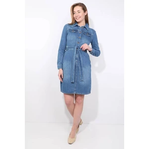 Blue White Kadın Mavi Kemerli Uzun Kollu Jean Elbise