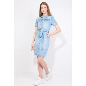 Blue White Kadın İki Cepli Açık Mavi Jean Elbise Kemerli Regular Fit