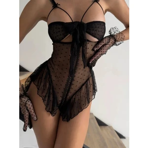 Siyah Dantel Puantiyeli Özel Bölgesi Açık Babydoll