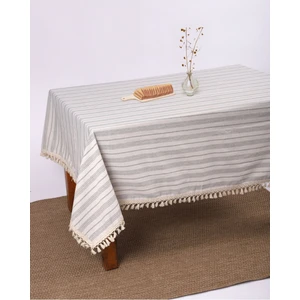 Keten Gri Antrasit Çizgili Ponponlu Masa Örtüsü