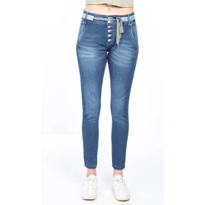Kadın Belden Bağlamalı Jean Pantolon Mavi