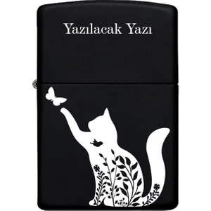 Kedi Desenli Kişiye Özel Isimli Benzinli Siyah Metal Çakmak MP19