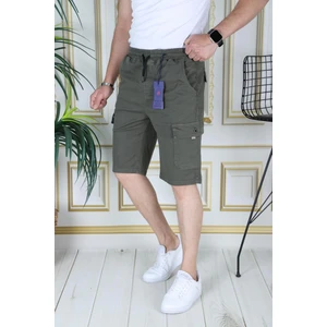 Erkek Haki Likralı Gabardin Şort Kargo Cepli Pamuklu Beli Lastikli Bağcıklı Basic Şort