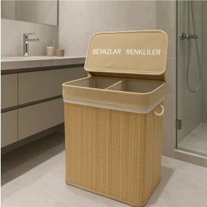 Bambu Çamaşır Sepeti 100 Lt 60X52X32 cm Büyük Boy Premium Beyazlar/renkliler Ayrı Bölmeli