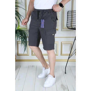 Erkek Füme Likralı Gabardin Şort Kargo Cepli Pamuklu Beli Lastikli Bağcıklı Basic Şort
