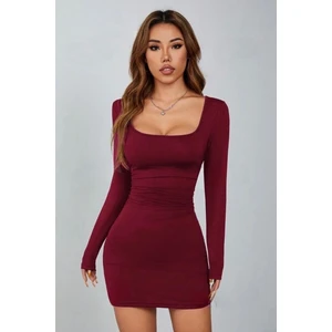 Bordo Kare Yaka Uzun Kollu Likralı Mini Elbise ( Mevsimlik ve Kışlık )