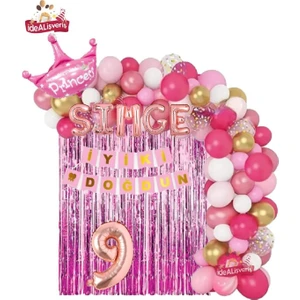 5 Harfli Rose Isimli Pembe Beyaz Konseptli Kraliçe Taçlı Doğum Günü Balon Zincir Parti Seti Süsü