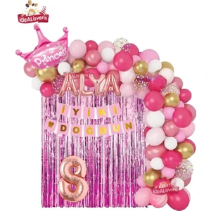 4 Harfli Rose Isimli Pembe Beyaz Konseptli Kraliçe Taçlı Doğum Günü Balon Zincir Parti Seti Süsü