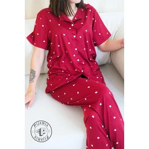 Bordo Kalp Desenli Düğmeli Kısa Kol Kadın Pijama Takımı