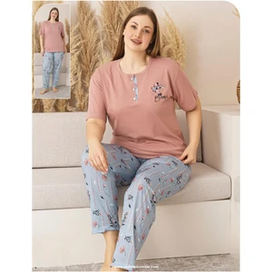 Kadın Büyük Beden Düğme Yaka Penye Kısa Kol Ince Pijama Takımı P127 - 1 Adet